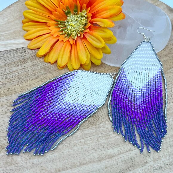 Handmade Beaded Long Sexy Fringe Dangle Drop Purple Ombre Boho Silver Earrings - Picture 5 of 7